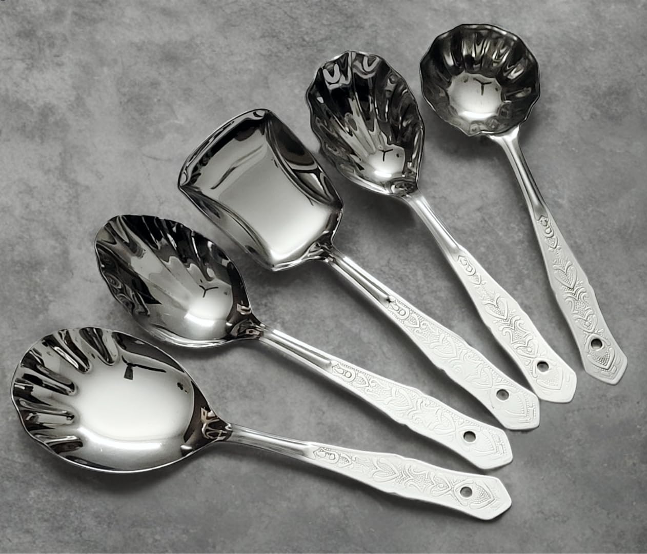 Premium Stainless Steel Serving Spoon Set of 5 | Decorative Handle Design | Multipurpose Cooking & Serving Utensils – Includes Spatula, Ladle & Soup Spoon
